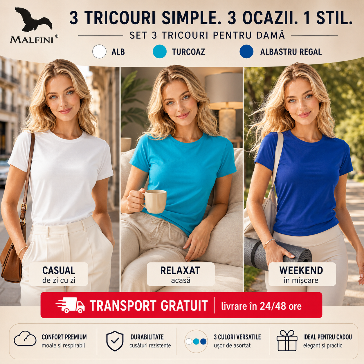 Tricouri damă simple din bumbac 100% alb turcoaz și albastru marin